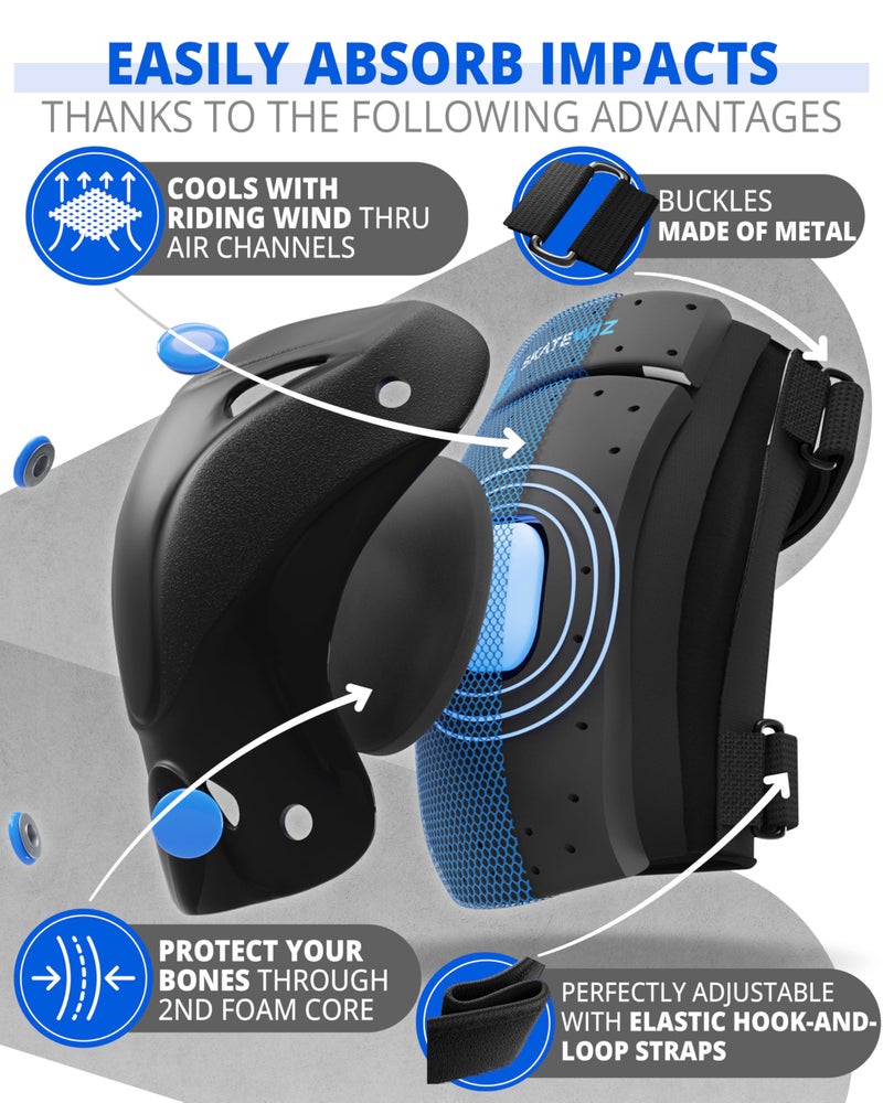 SKATEWIZ وسادات ركبة SKATEWIZ للأطفال - مجموعة وسادات للركبة والمرفقين - PROTECT-1 - الحجم S أزرق - واقيات المعصم معدات الحماية للتزلج، لوح التزلج، التزلج على العجلات، التزلج على الجليد للأطفال - Image 3